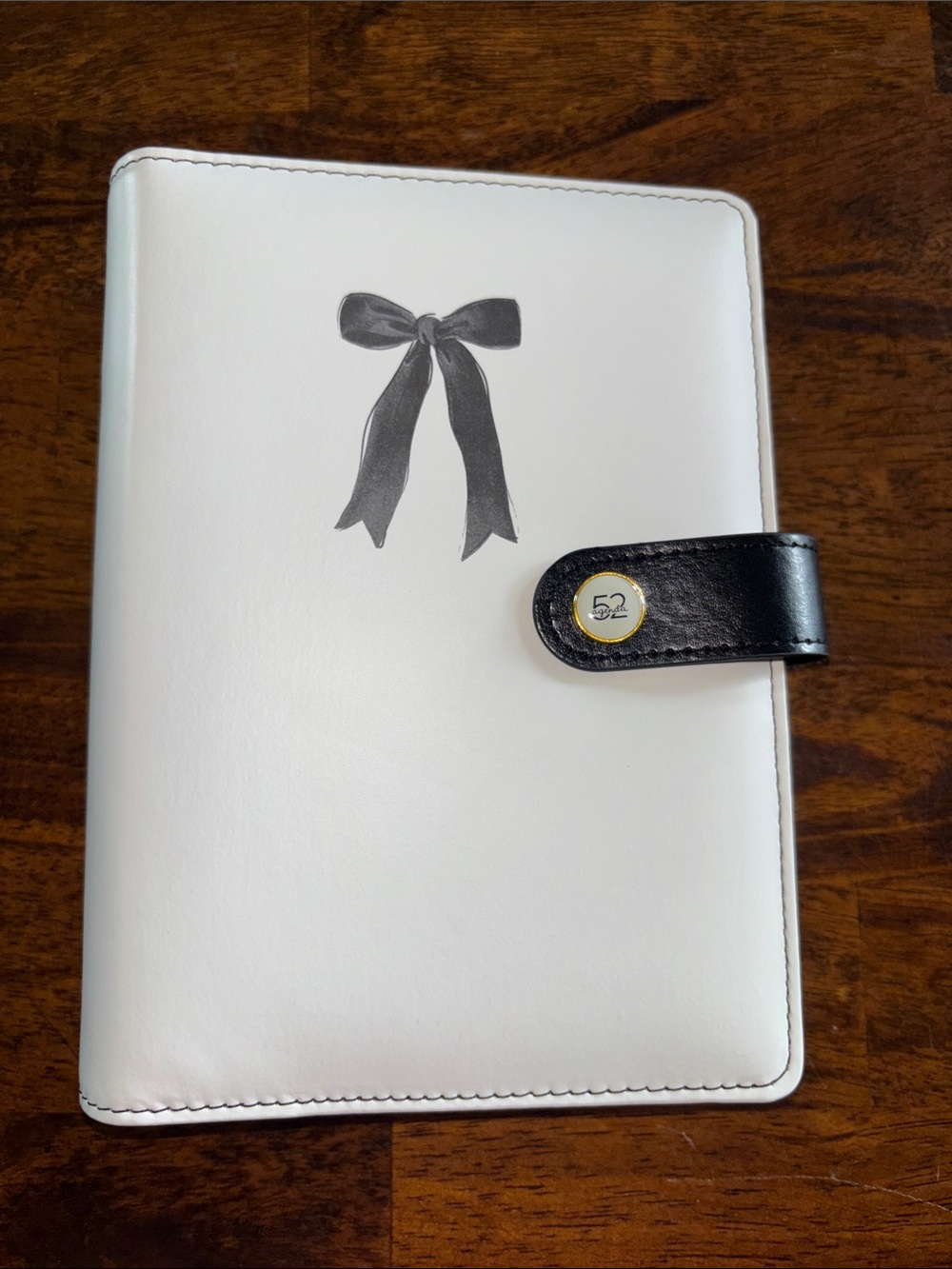 White Bow Accent Organizer Binder with Black Strap Closure